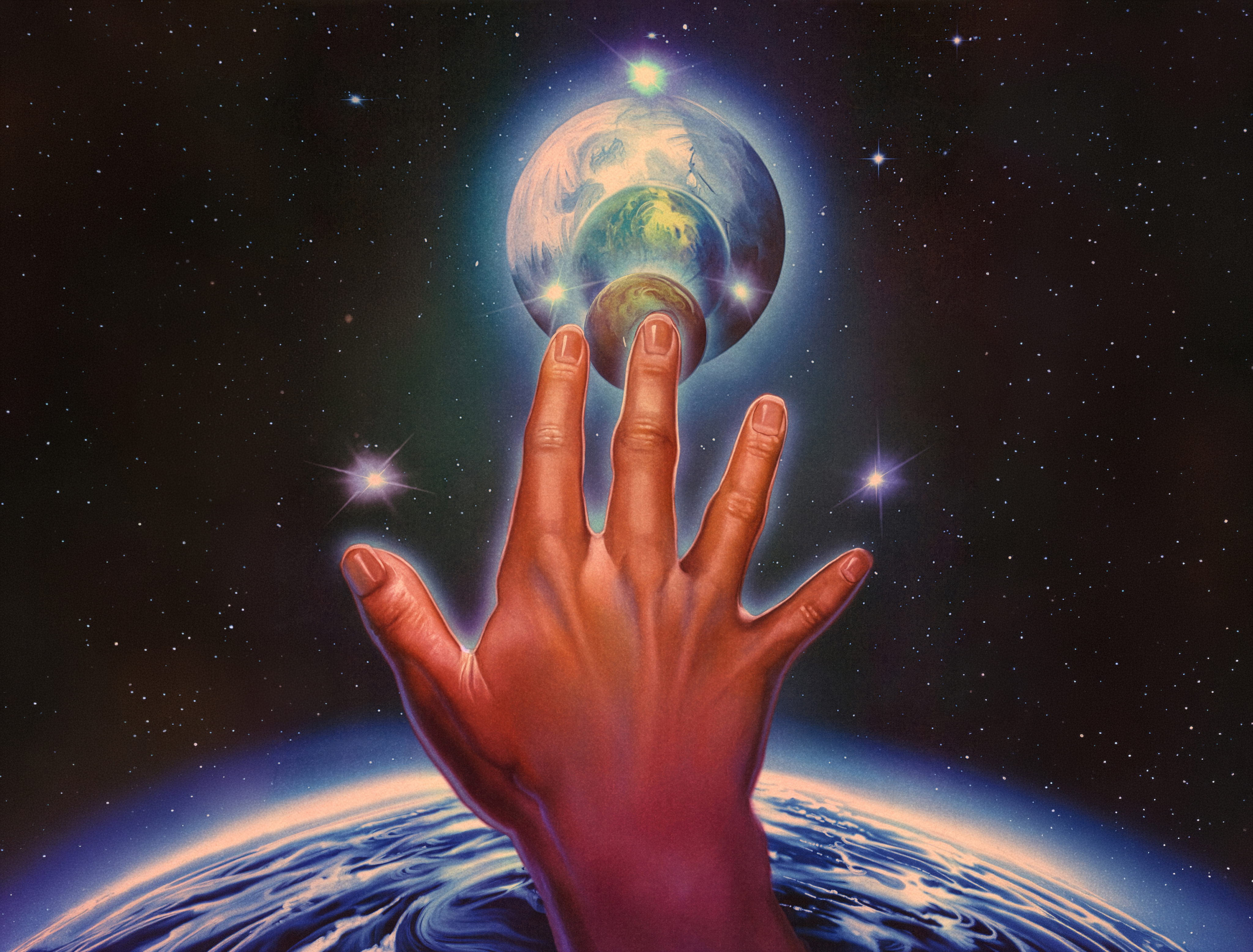 A hand reaching toward Earth from space